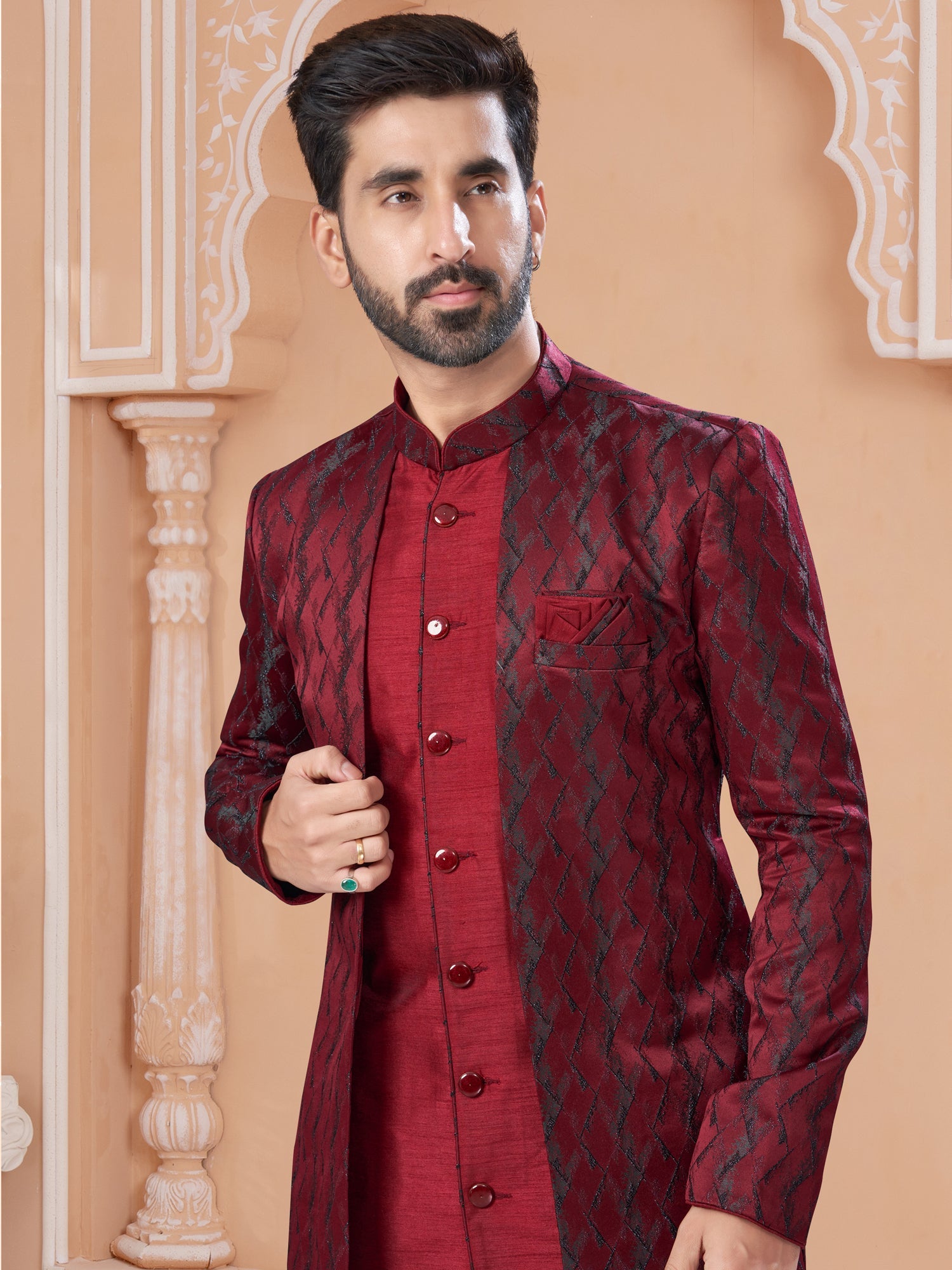 Maroon Sequin Embroidered Indo Sherwani