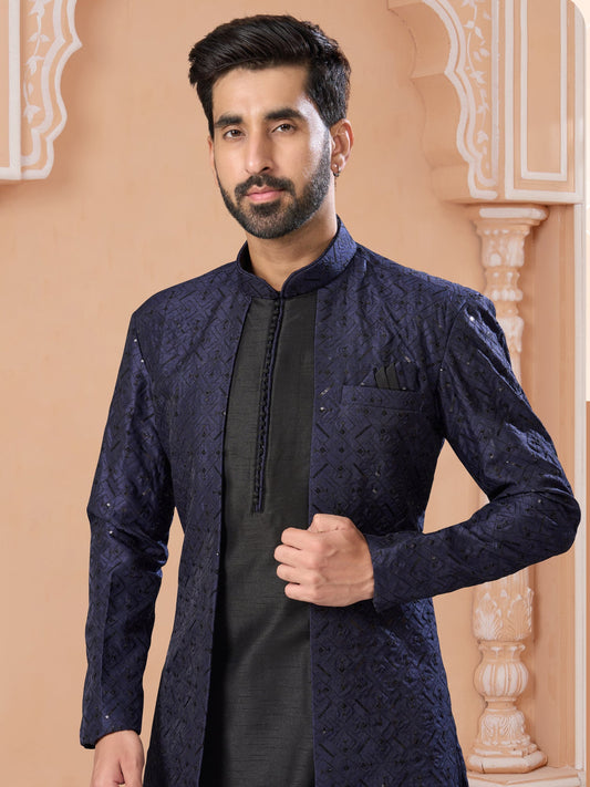 Navy Blue Silk Embroidered Indo Sherwani Set