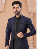 Navy Blue Silk Embroidered Indo Sherwani Set