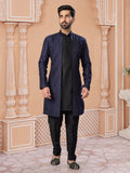 Navy Blue Silk Embroidered Indo Sherwani Set