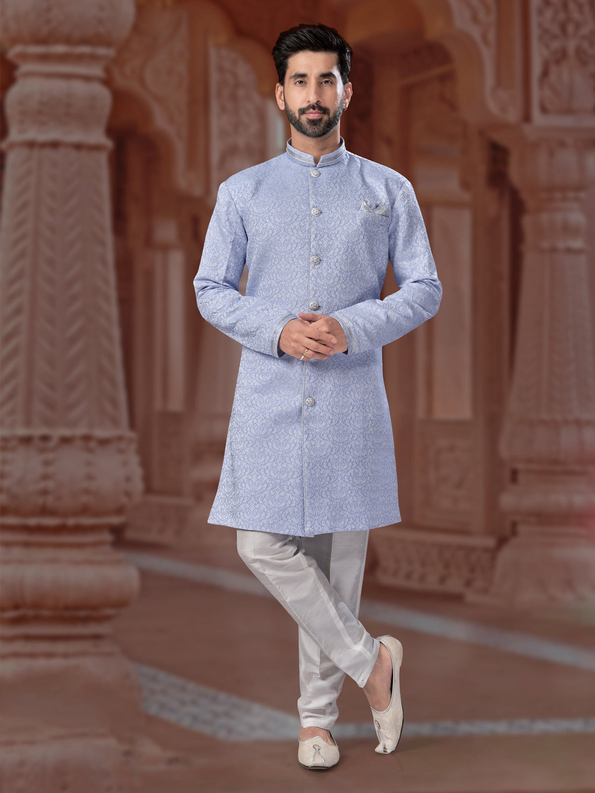 Blue Sequin Embroidered Indo Western Sherwani