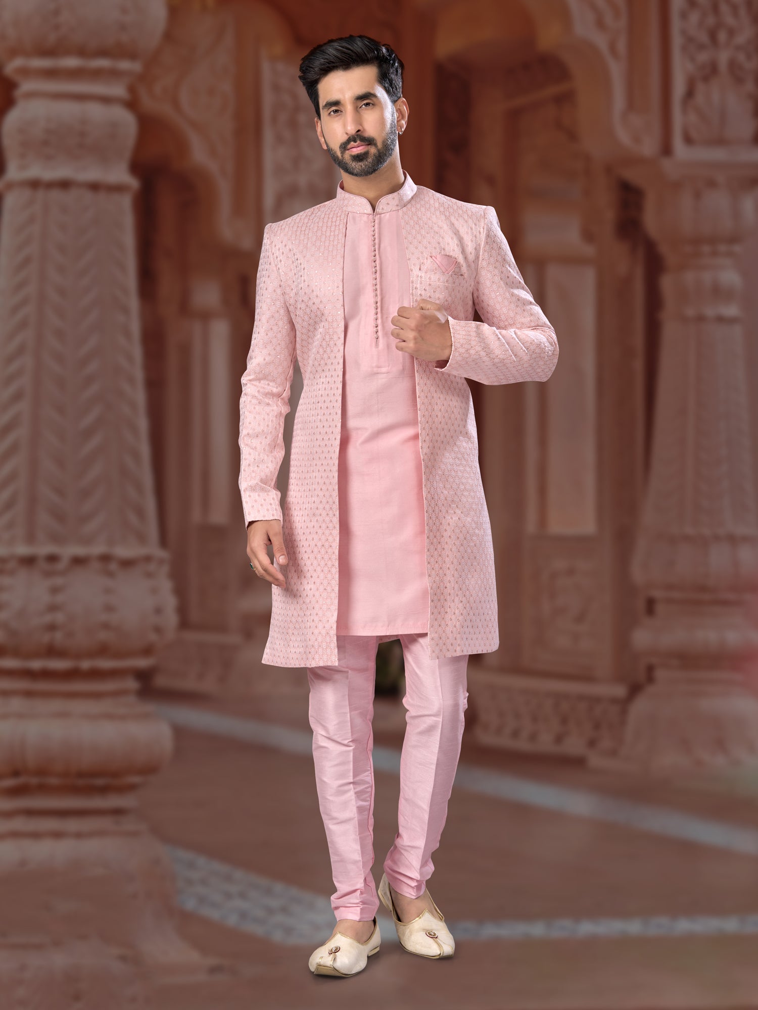 Pink Sequin Embroidered Indo Sherwani Set