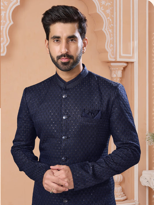 Navy Blue Sequin Embroidered Indo Western Sherwani
