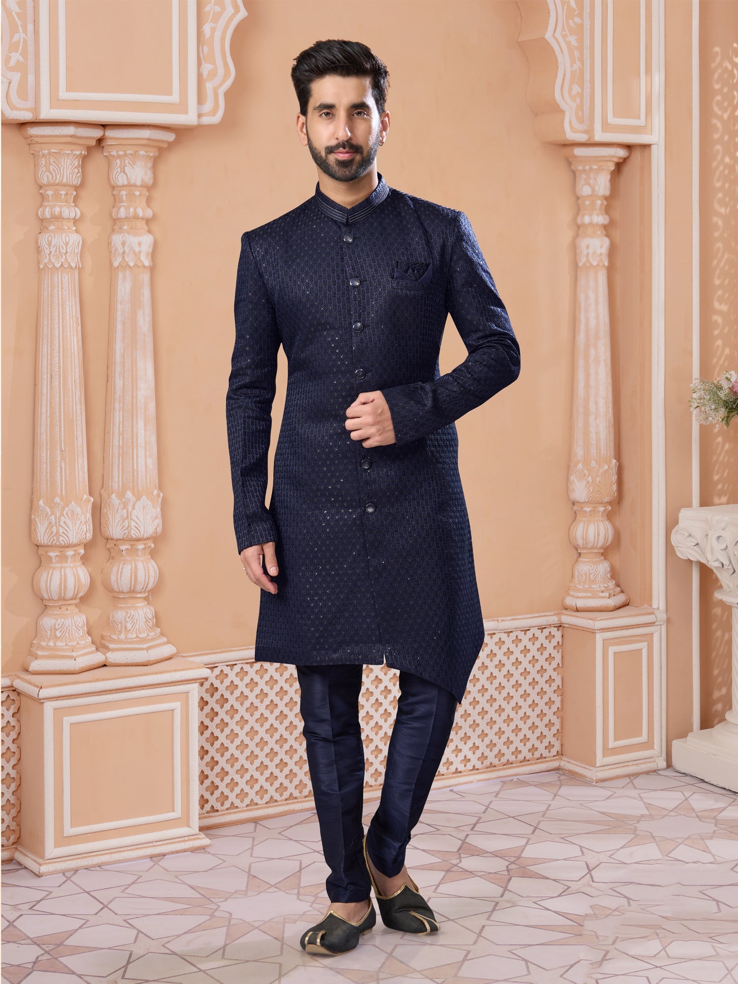 Navy Blue Sequin Embroidered Indo Western Sherwani