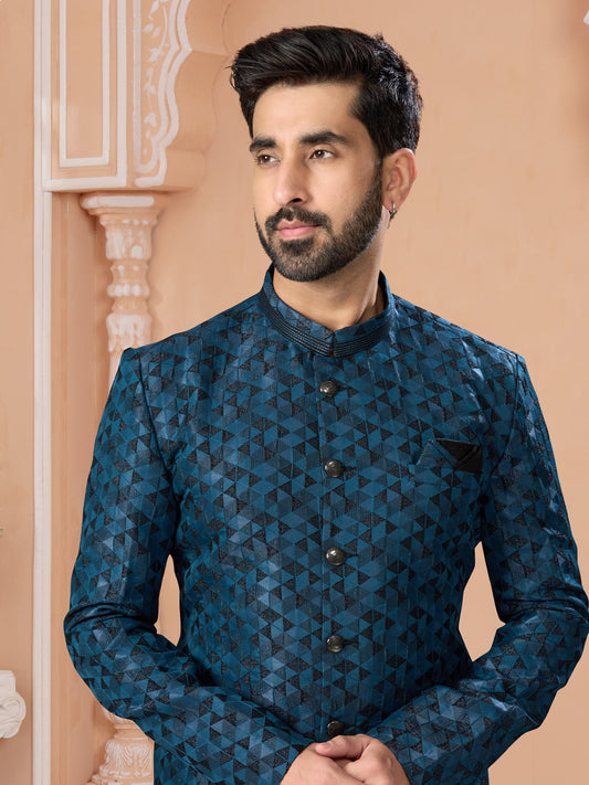 Blue Sequin Embroidered Silk Indo Sherwani
