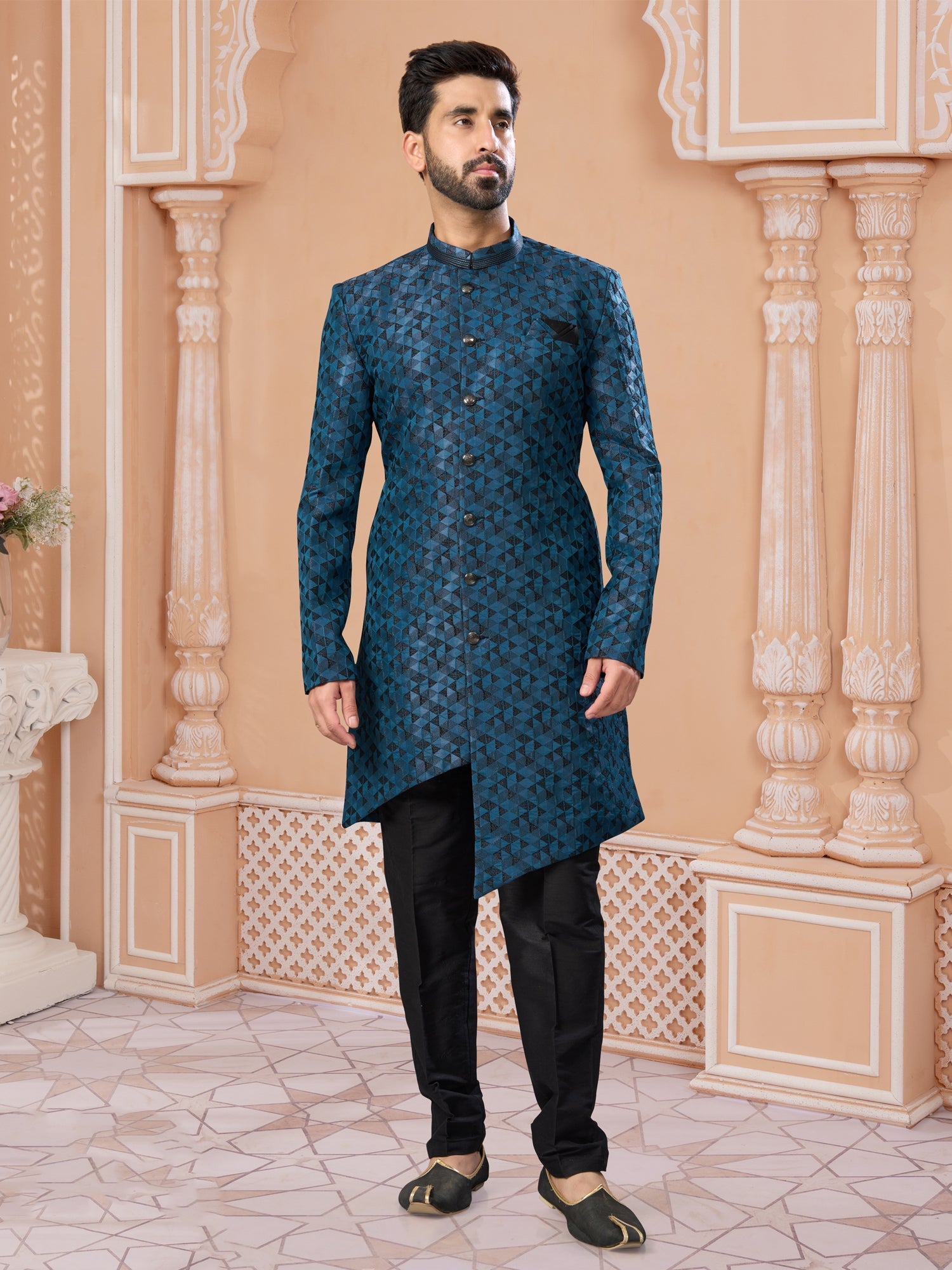 Blue Sequin Embroidered Silk Indo Sherwani