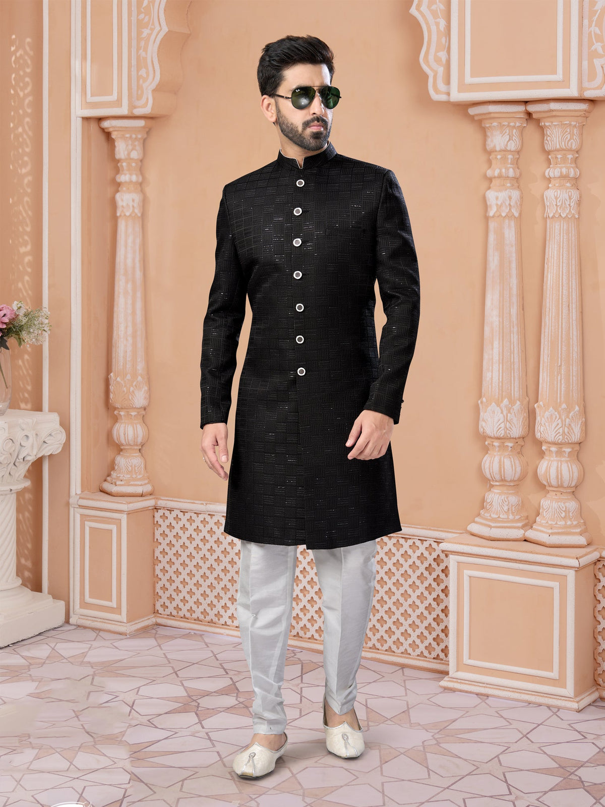 Black Silk Sequin Embroidered Indo Sherwani