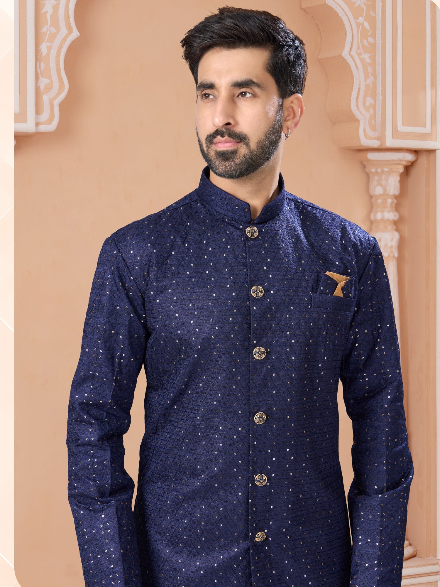 Blue Silk Embroidered Indo Western Sherwani