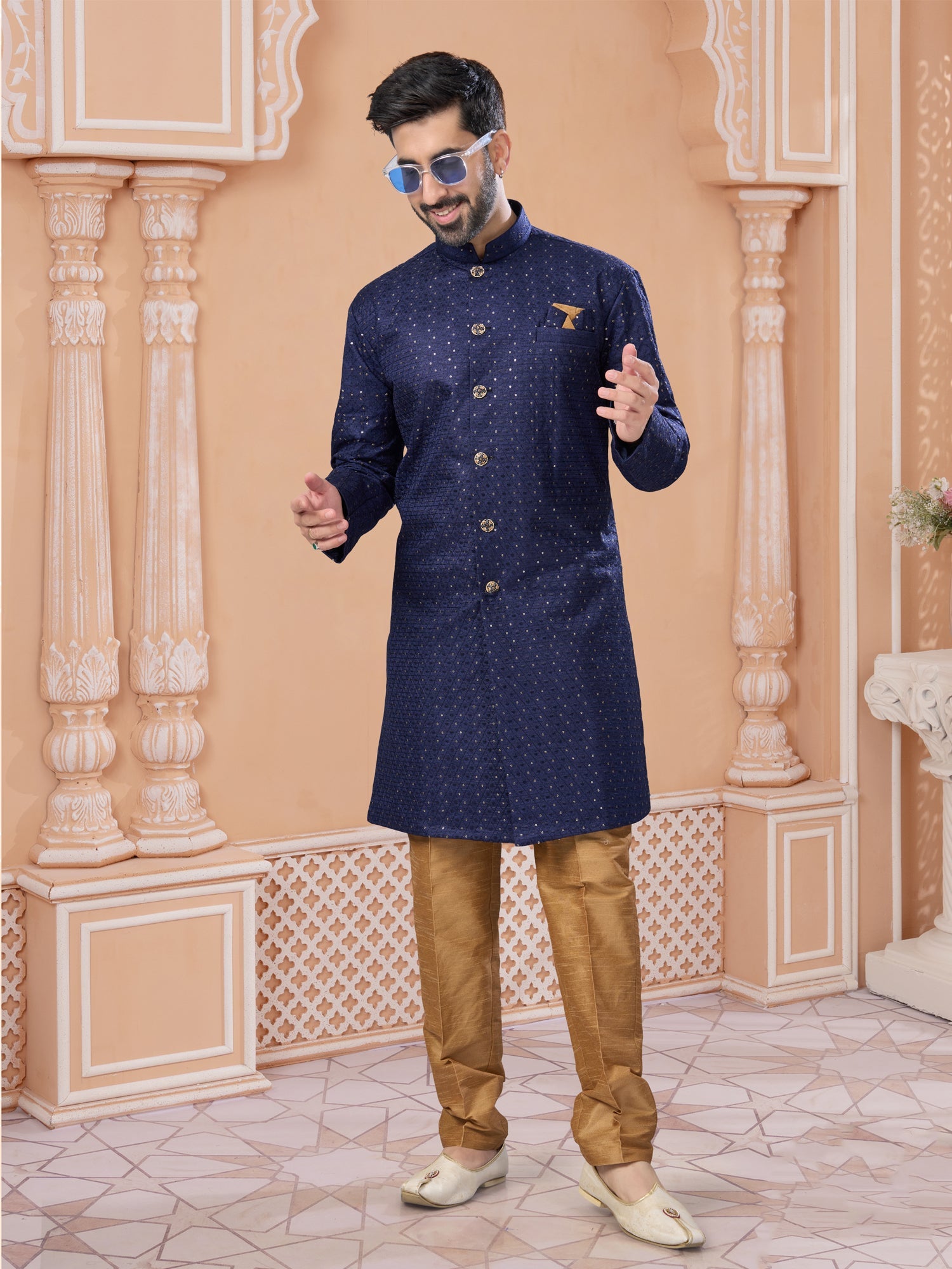 Blue Silk Embroidered Indo Western Sherwani