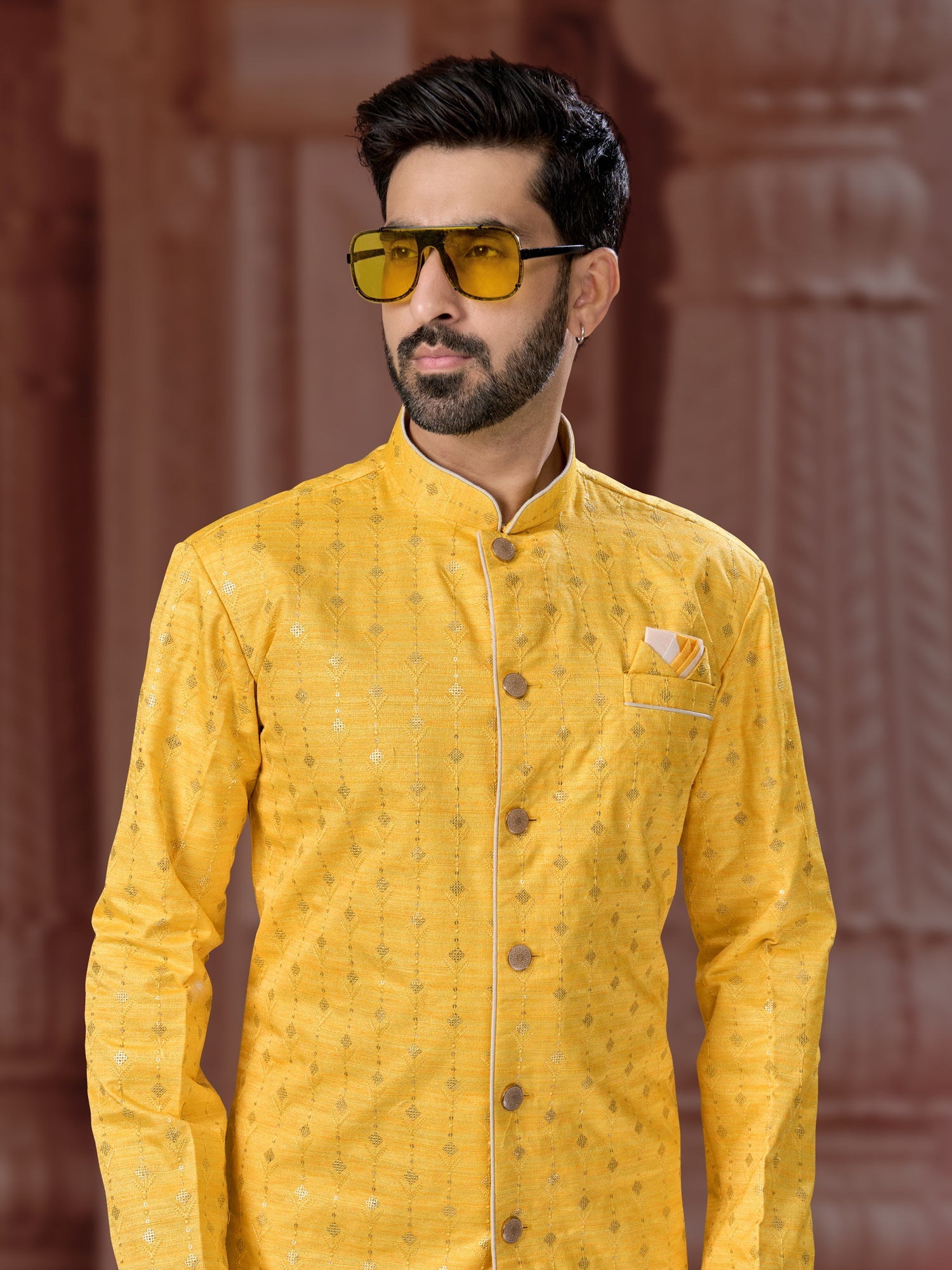 Designer Yellow Sequin Embroidered Indo Sherwani