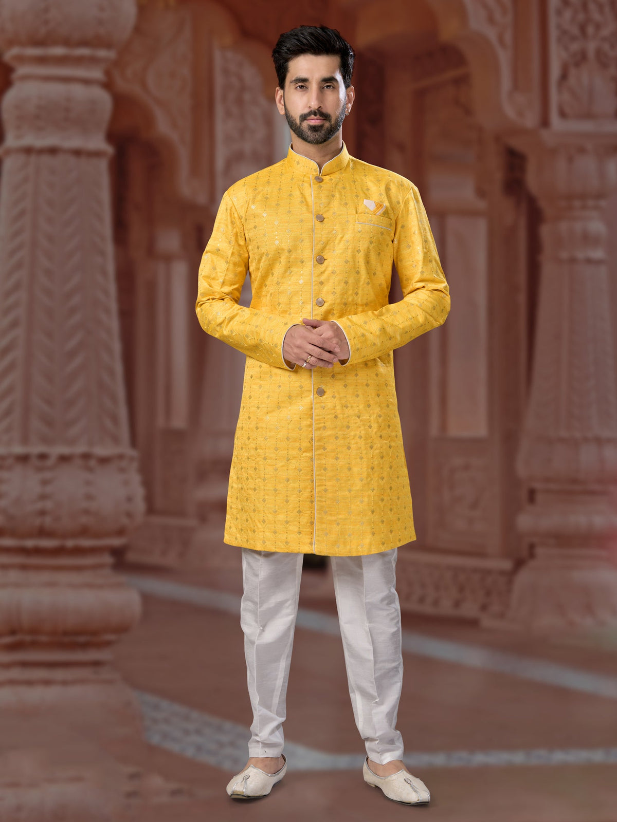 Designer Yellow Sequin Embroidered Indo Sherwani