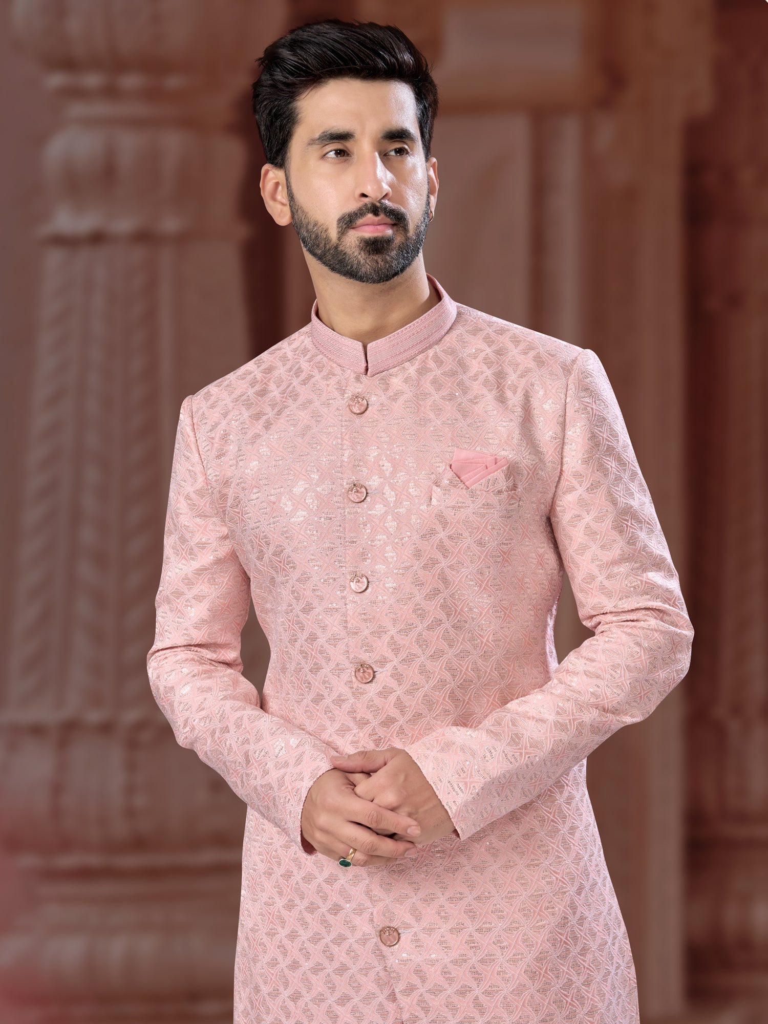 Stylish Pink Sequin Embroidered Indo Sherwani