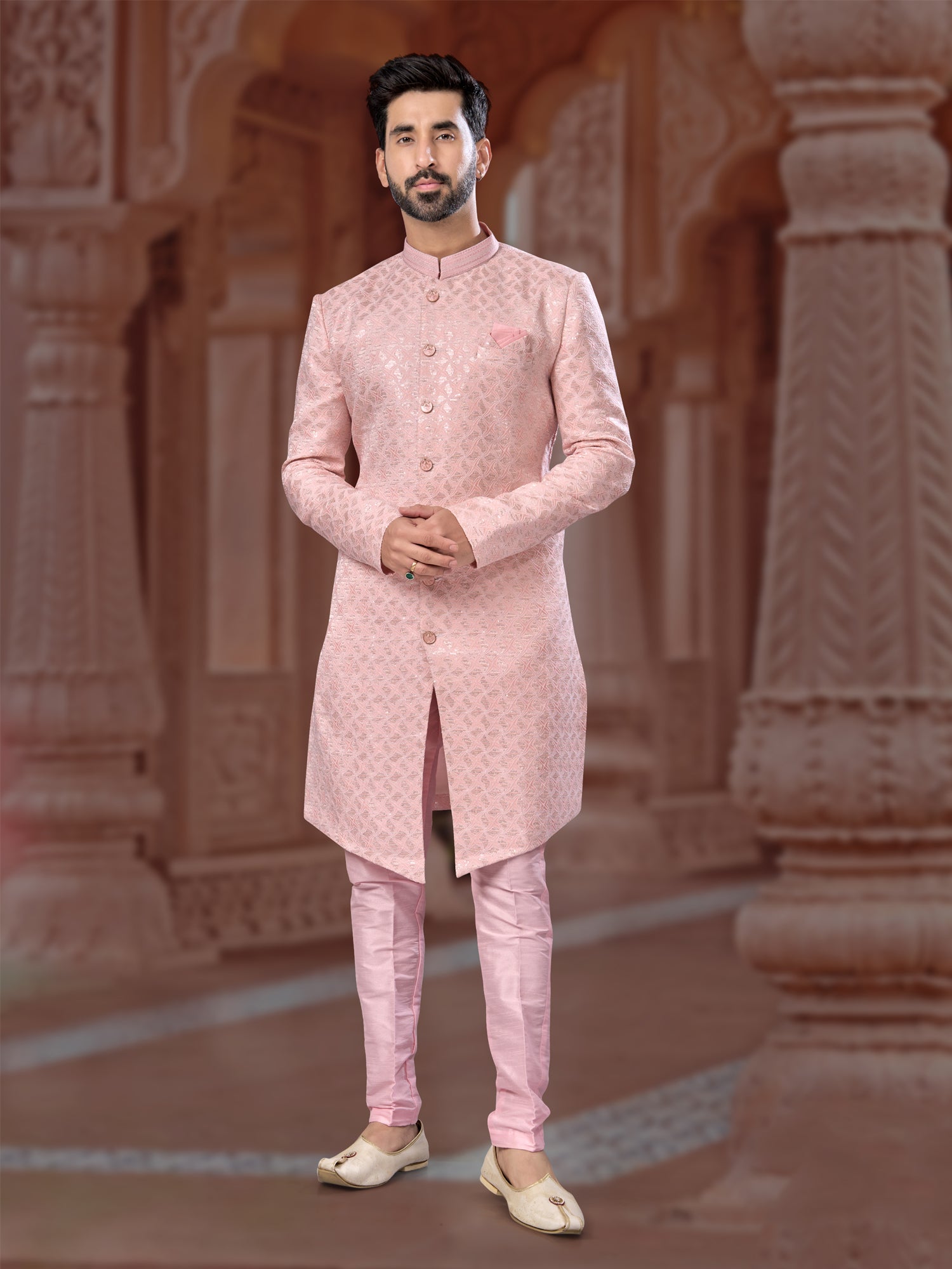 Stylish Pink Sequin Embroidered Indo Sherwani