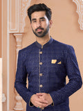 Navy Blue Silk Embroidered Indo Sherwani Set