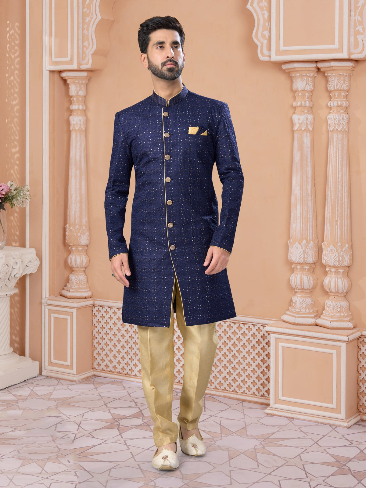 Navy Blue Silk Embroidered Indo Sherwani Set