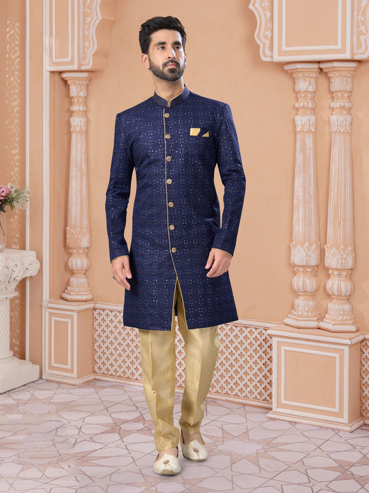 Navy Blue Silk Embroidered Indo Sherwani Set