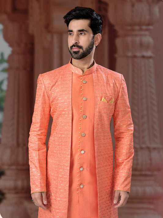 Stylish Peach Sequin Embroidered Indo Sherwani