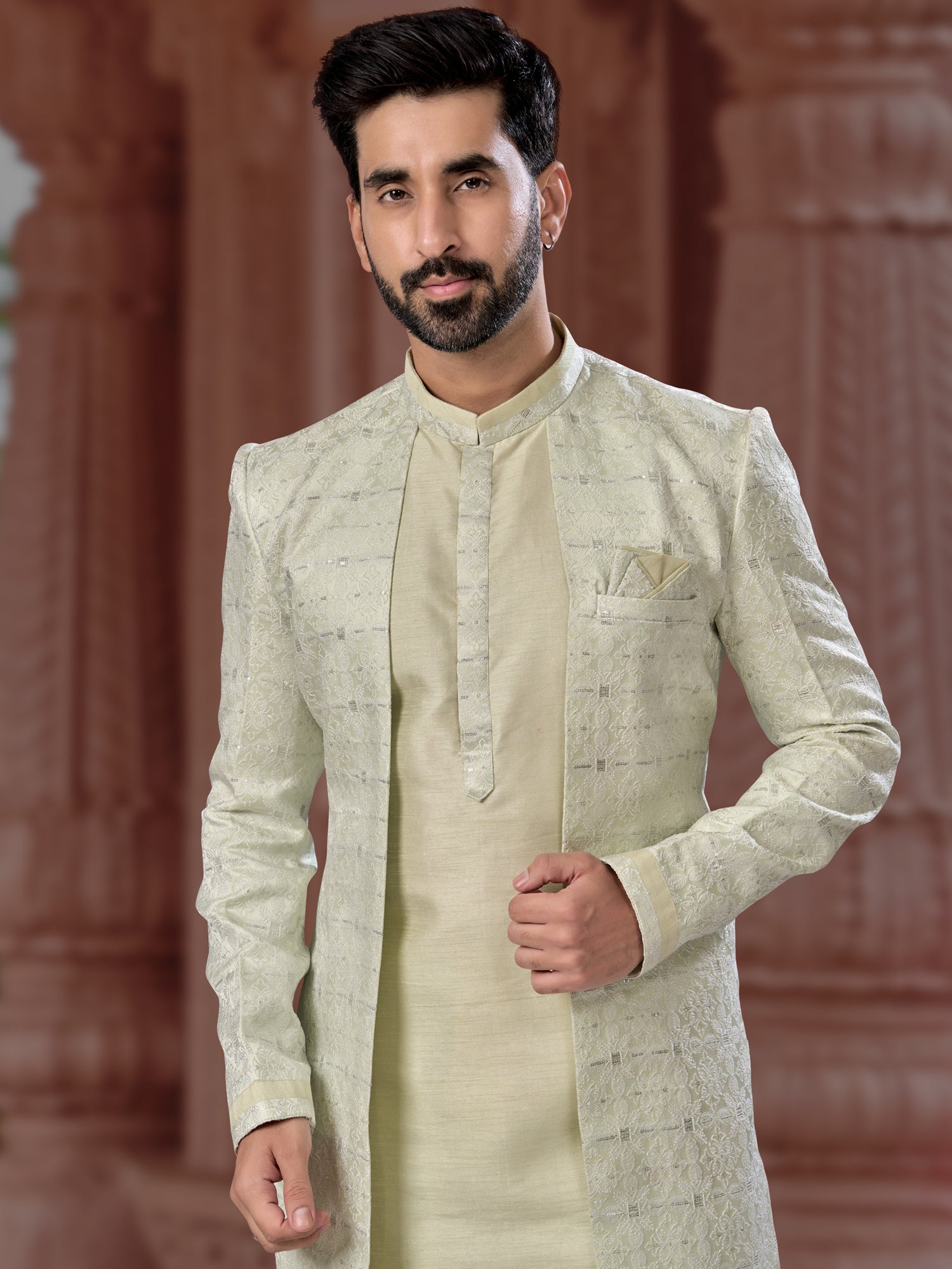 Cream Sequin Embroidered Indo Sherwani Set
