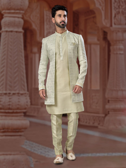 Cream Sequin Embroidered Indo Sherwani Set