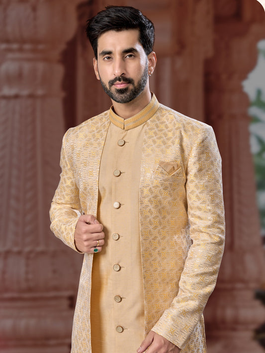 Beige Sequin Embroidered Silk Indo Sherwani