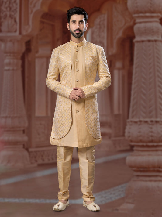 Beige Sequin Embroidered Silk Indo Sherwani