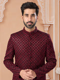 Maroon Thread Embroidered Indo Sherwani Set