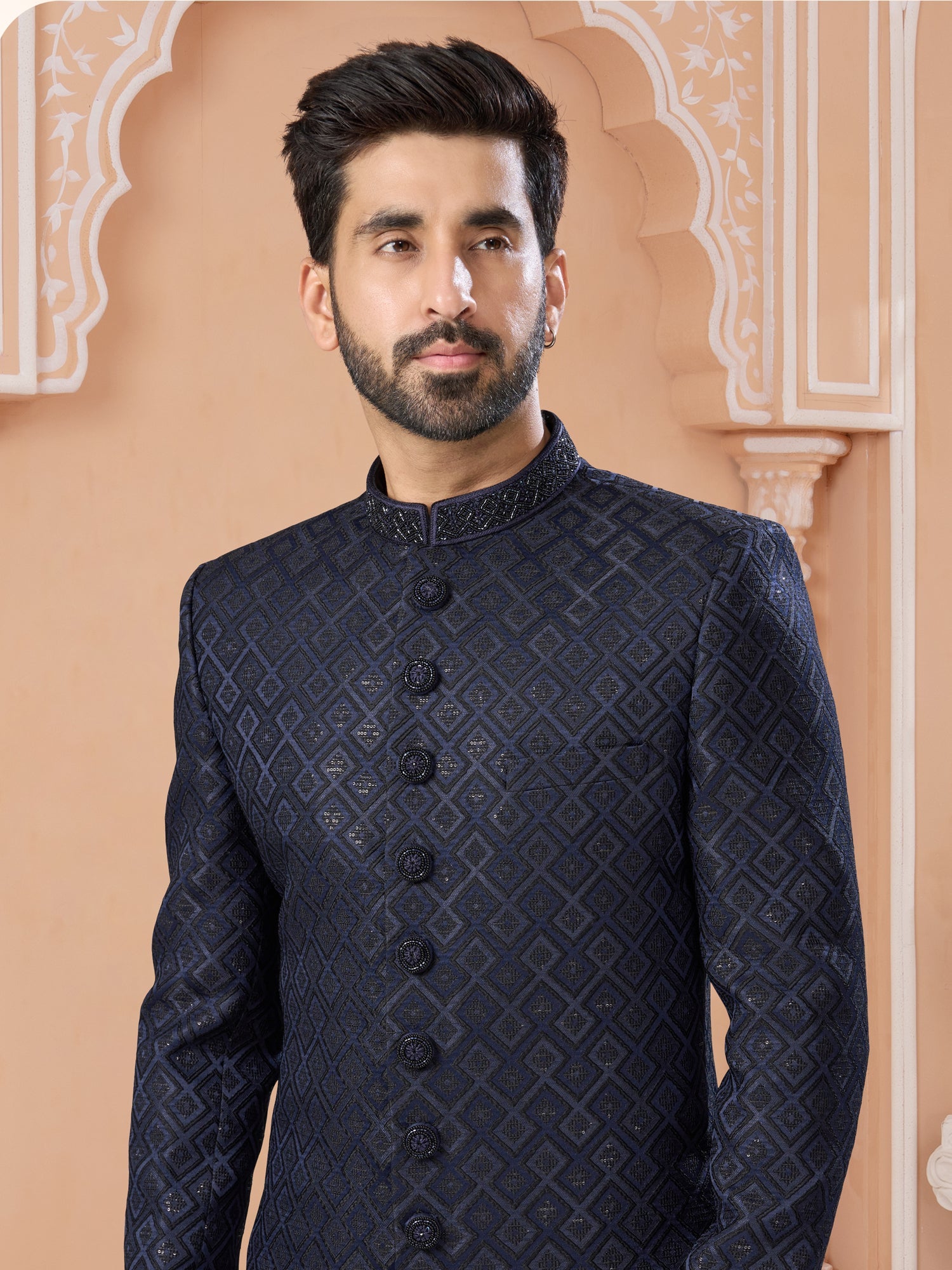 Navy Blue Thread Embroidered Indo Sherwani