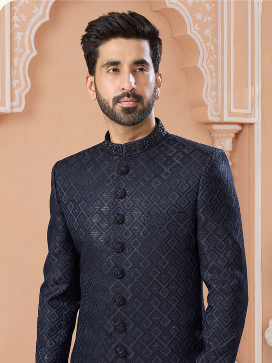 Navy Blue Thread Embroidered Indo Sherwani