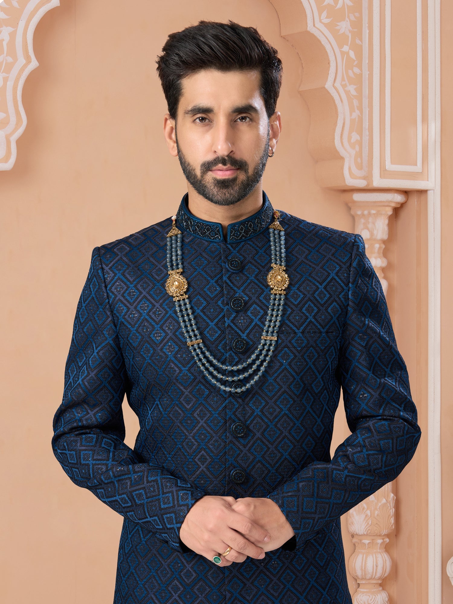 Navy Blue Silk Embroidered Indo Western Sherwani
