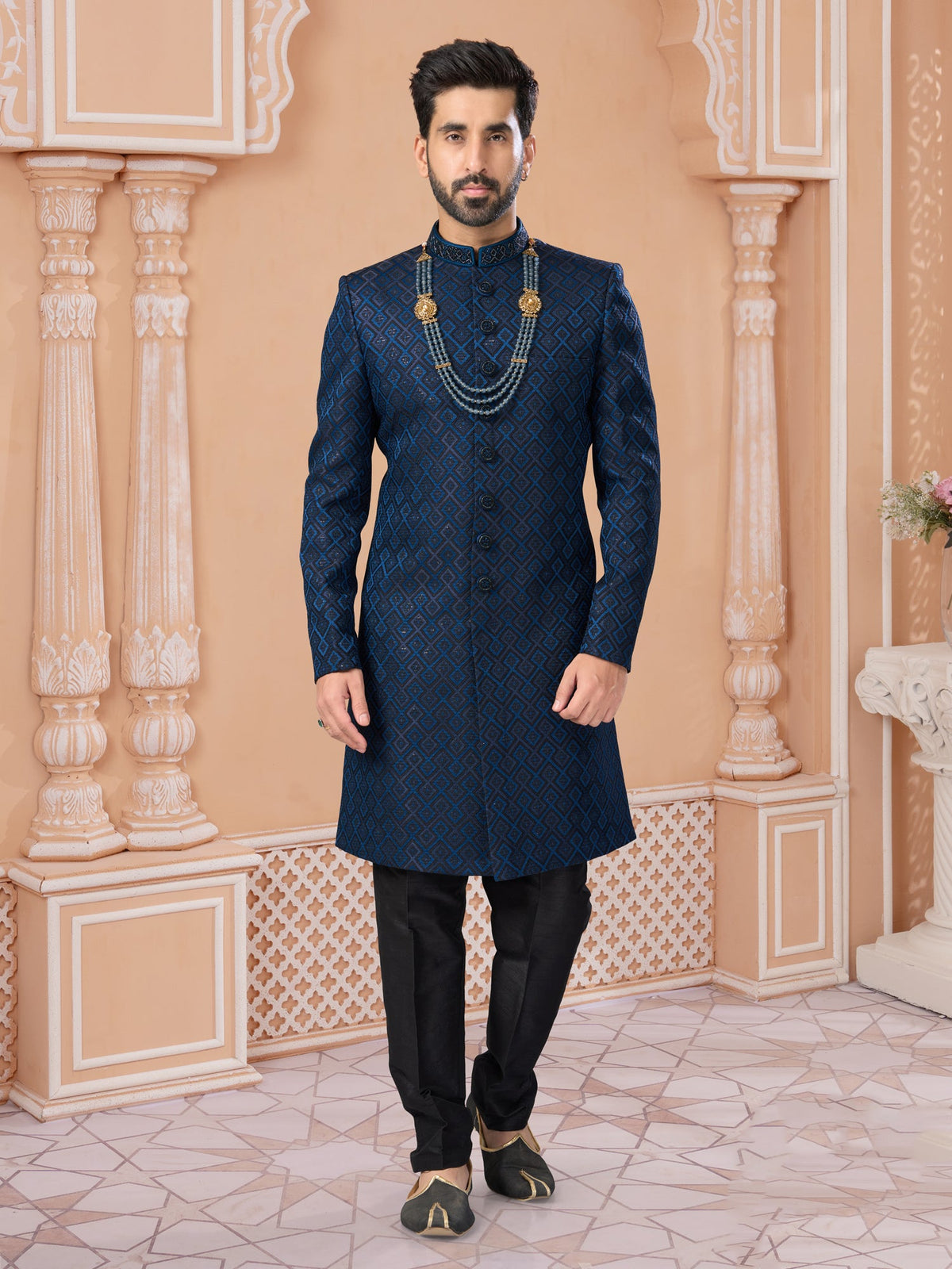 Navy Blue Silk Embroidered Indo Western Sherwani