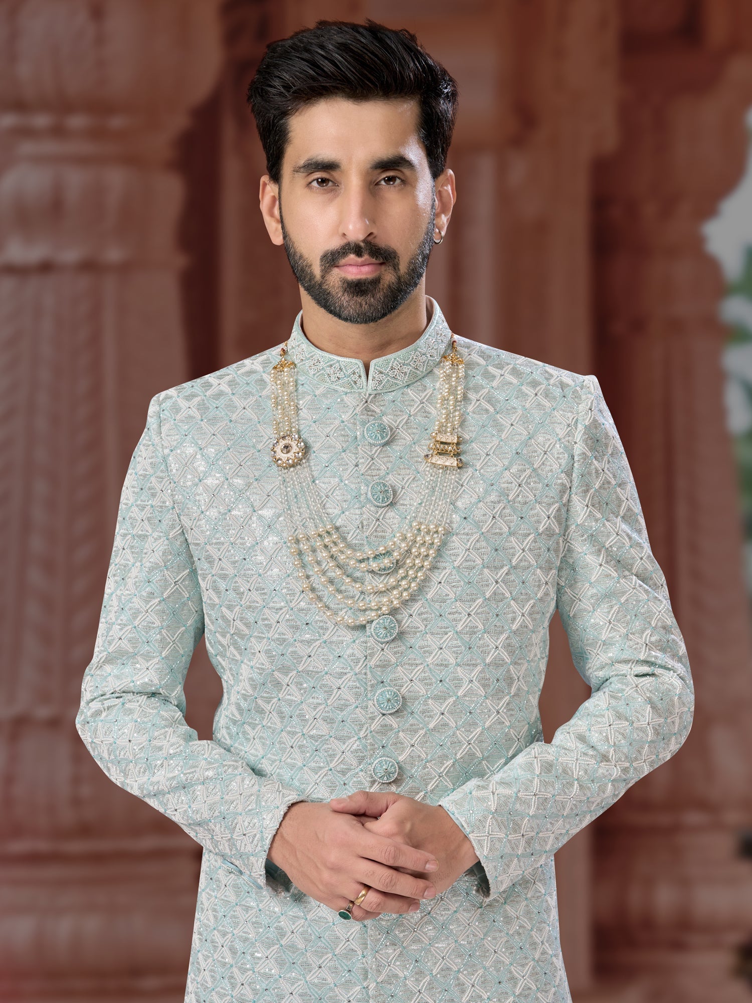 Light Blue Sequin Embroidered Indo Sherwani