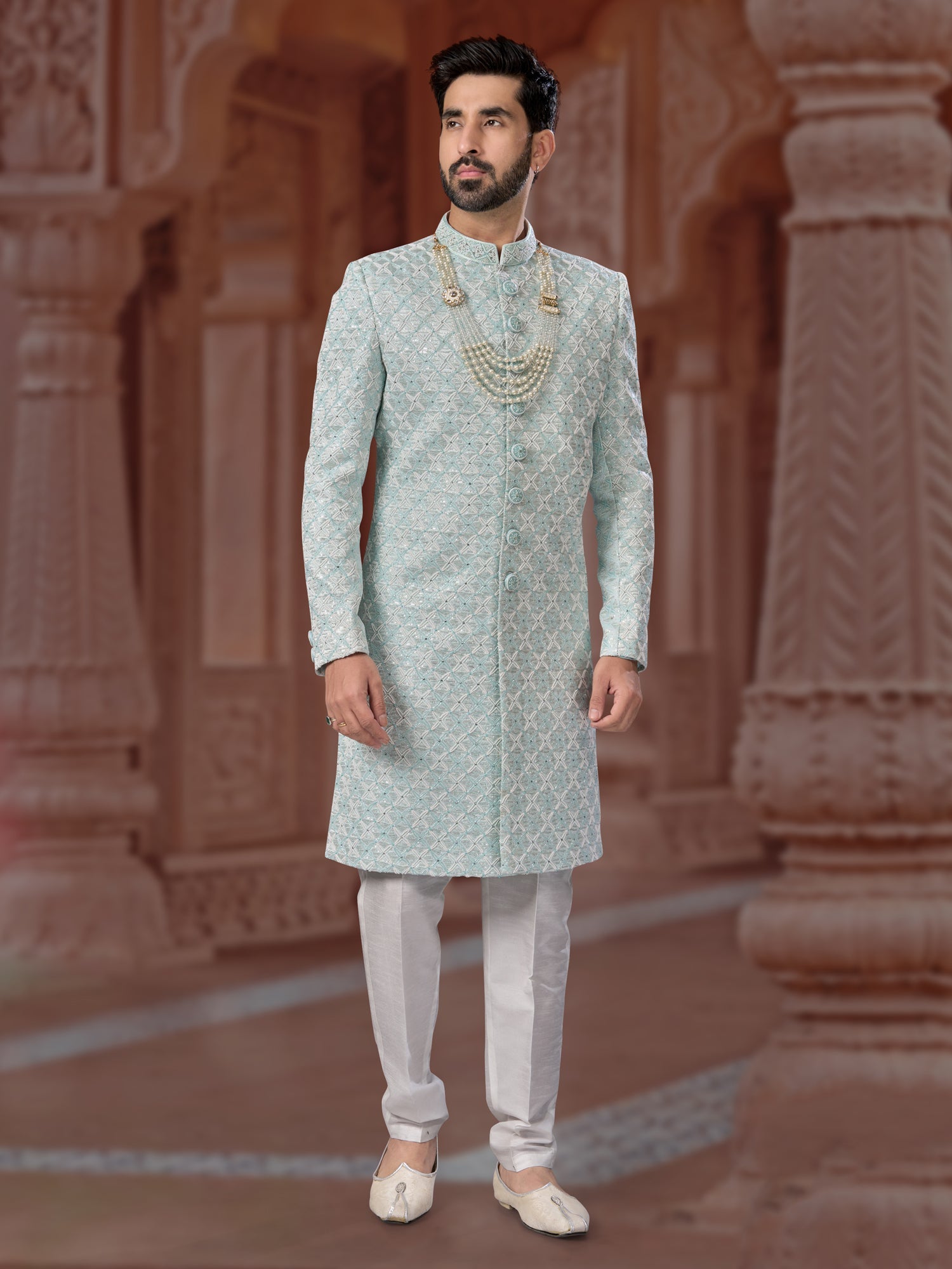 Light Blue Sequin Embroidered Indo Sherwani