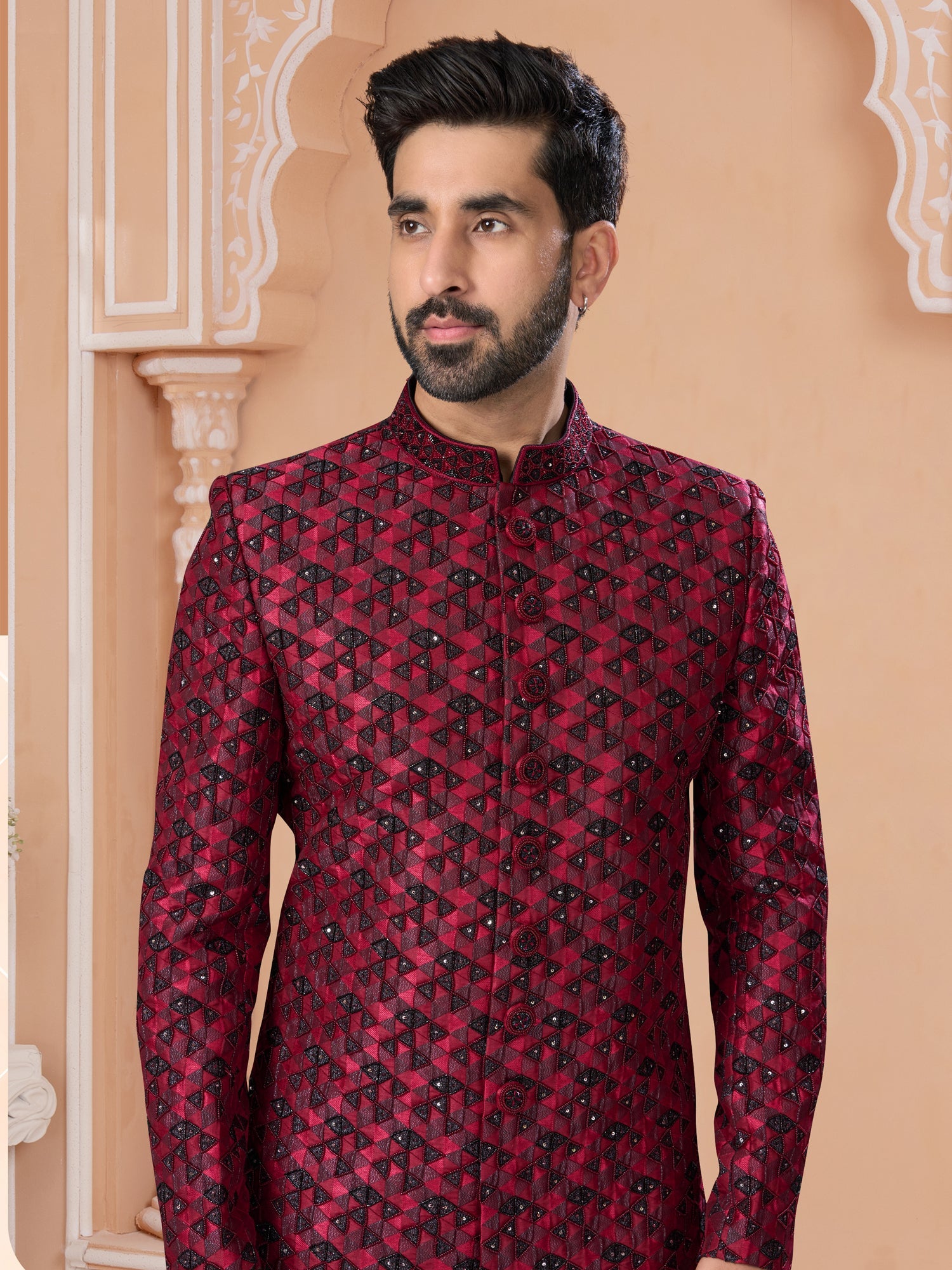Dark Maroon Sequin Embroidered Indo Sherwani