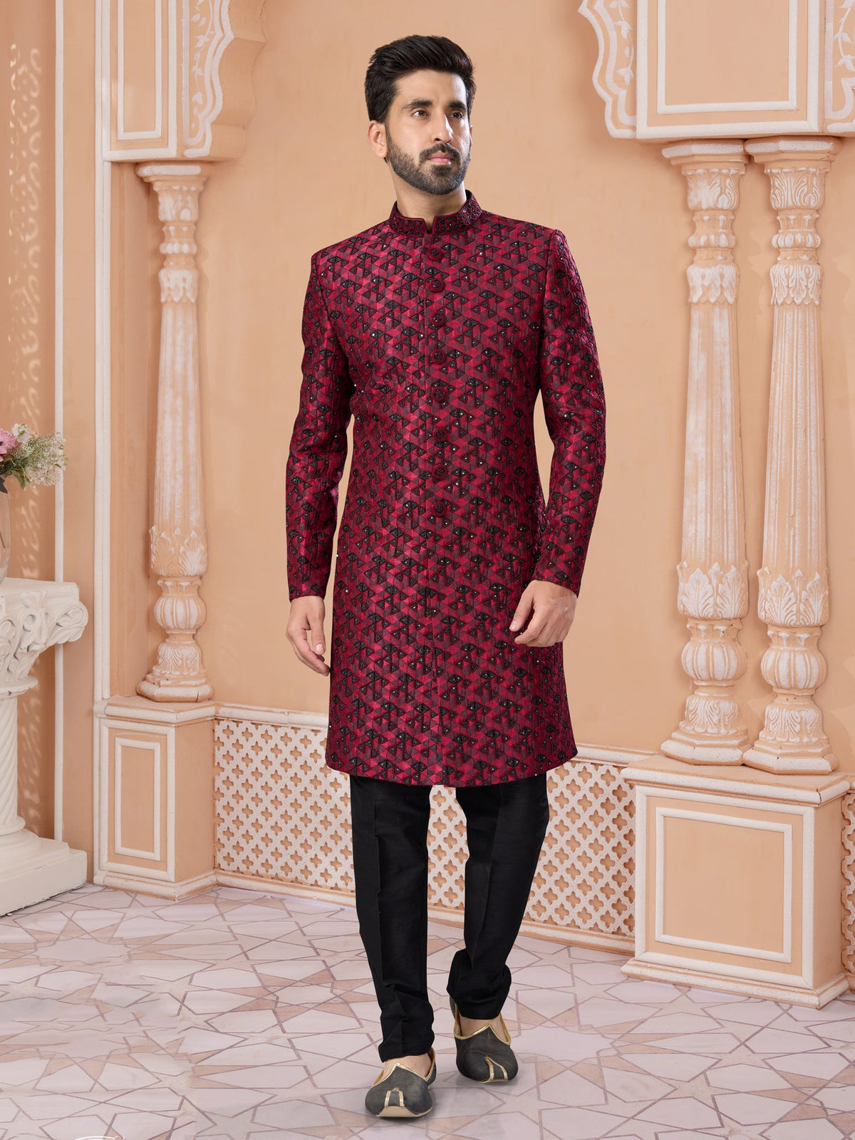 Dark Maroon Sequin Embroidered Indo Sherwani