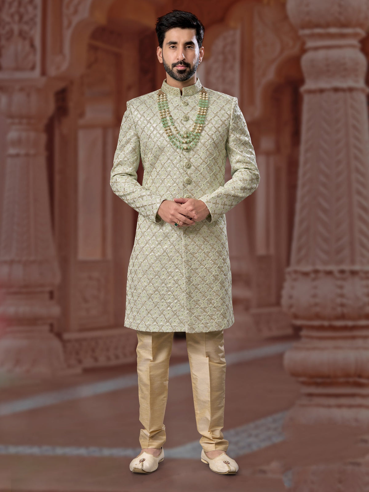 Pista Green Sequin Embroidered Indo Sherwani Set