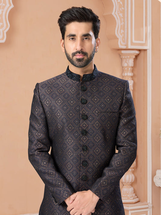 Black Silk Sequin Embroidered Indo Sherwani