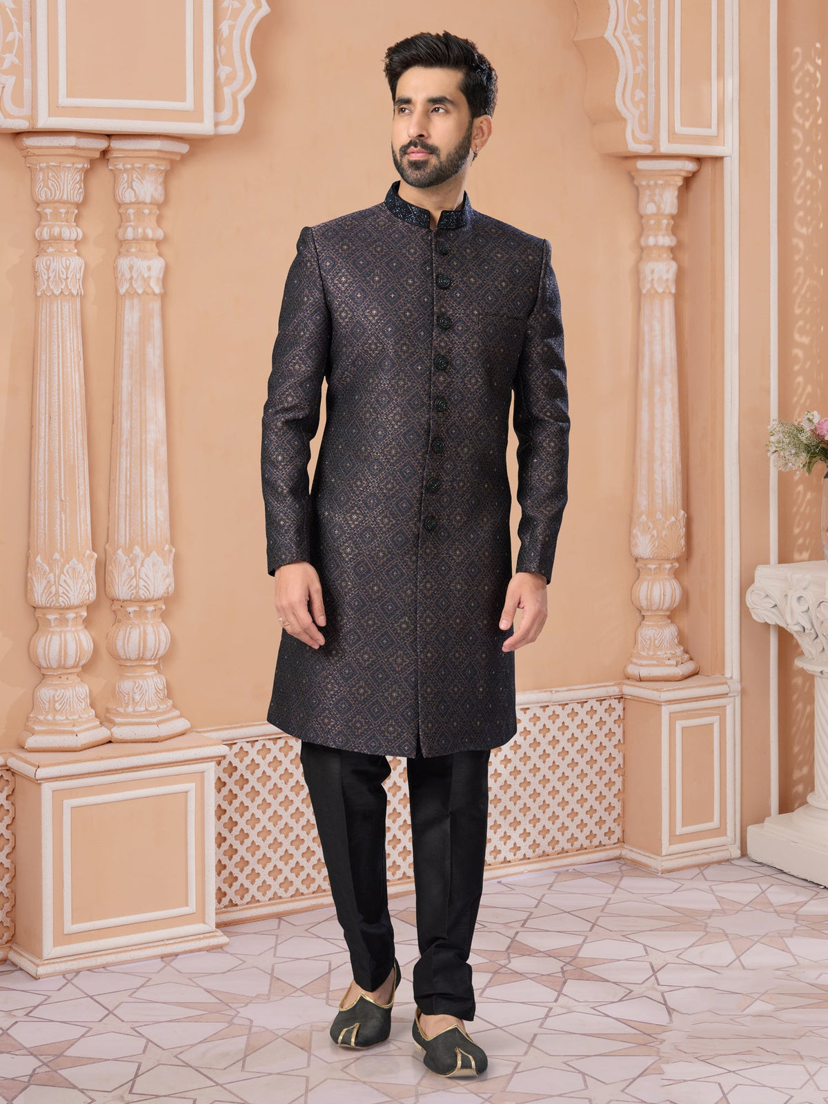 Black Silk Sequin Embroidered Indo Sherwani
