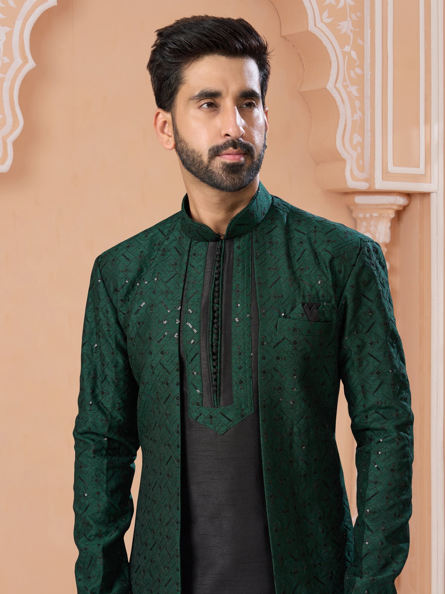 Dark Green Sequin Embroidered Indo Sherwani