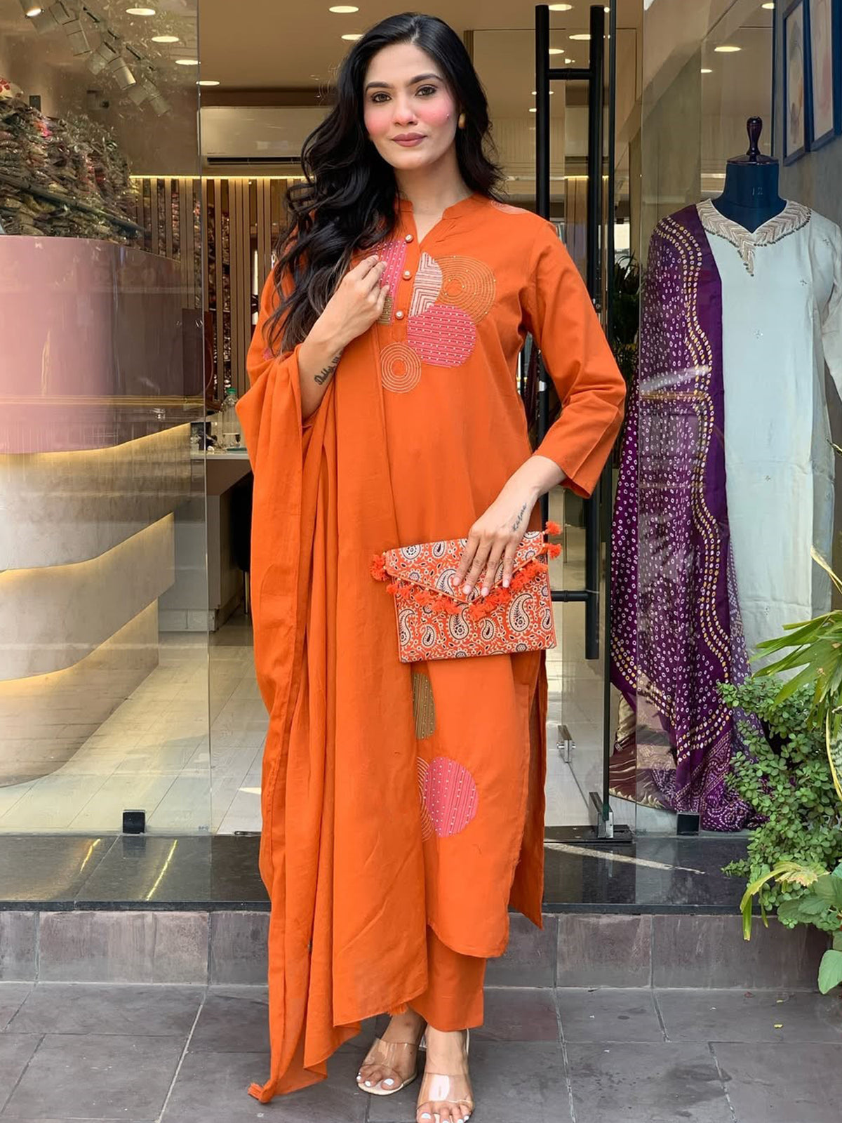 Orange Embroidered Cotton Salwar Kameez