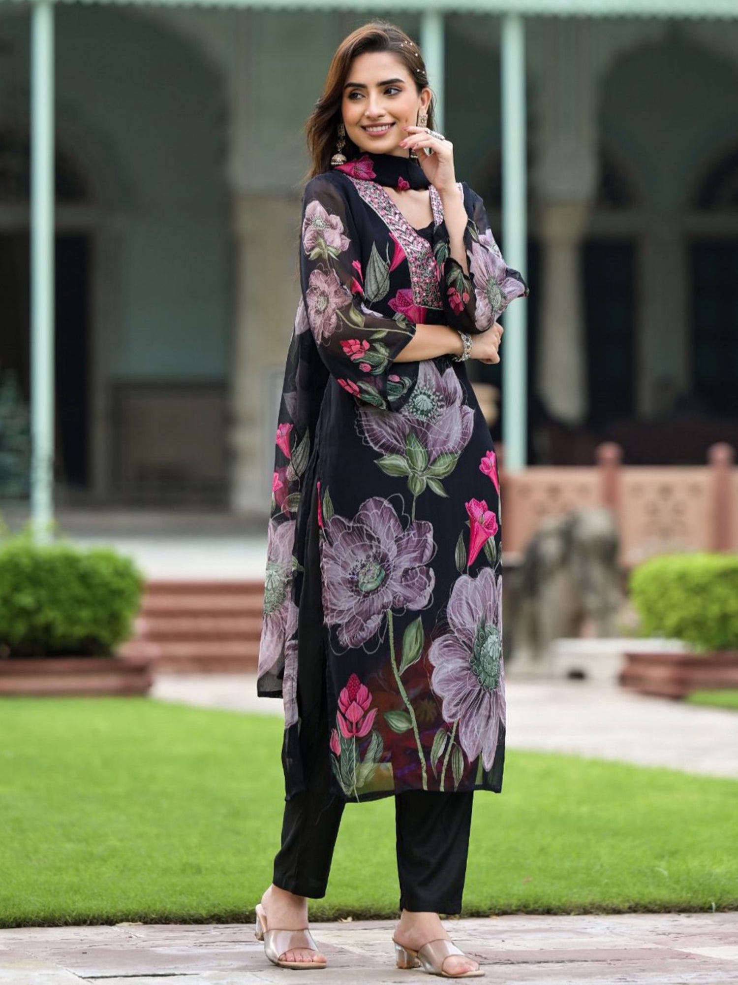 Black Floral Printed Salwar Kameez