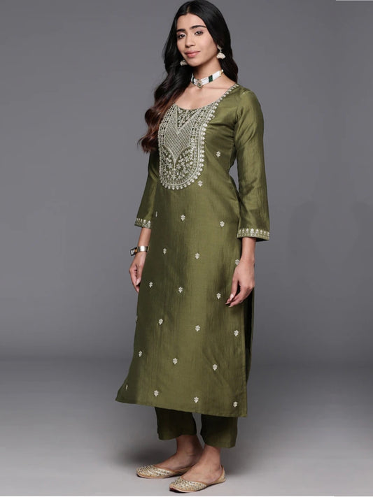 Green Chanderi Silk Readymade Salwar Suit