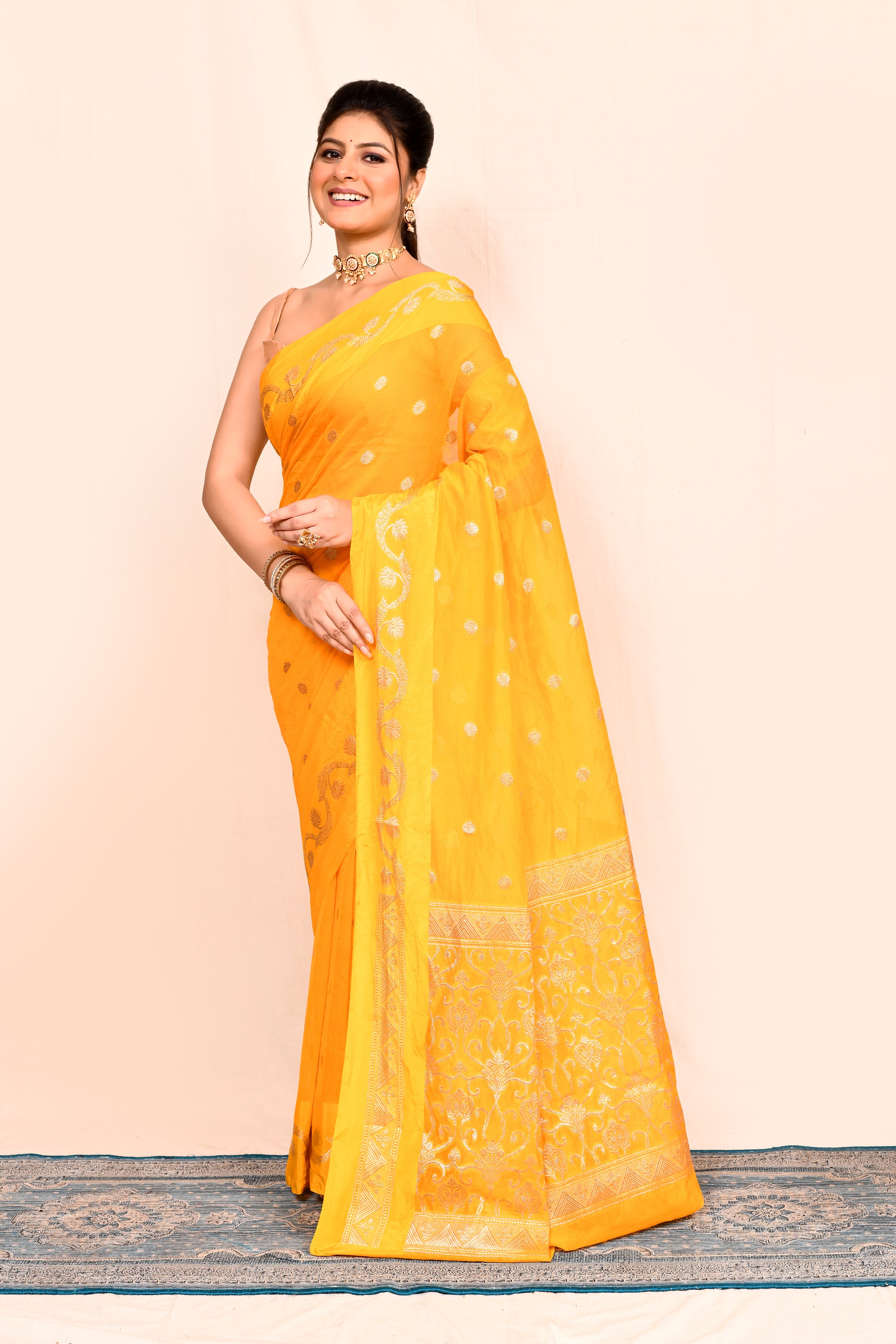 Yellow Zari Embroidered Banarasi Saree