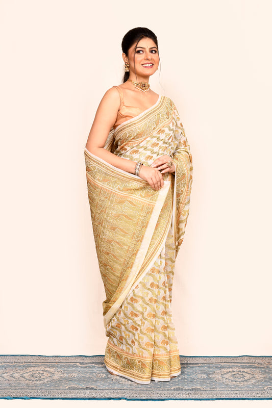 Traditional Cream Zari Woven Banarasi Silk Saree