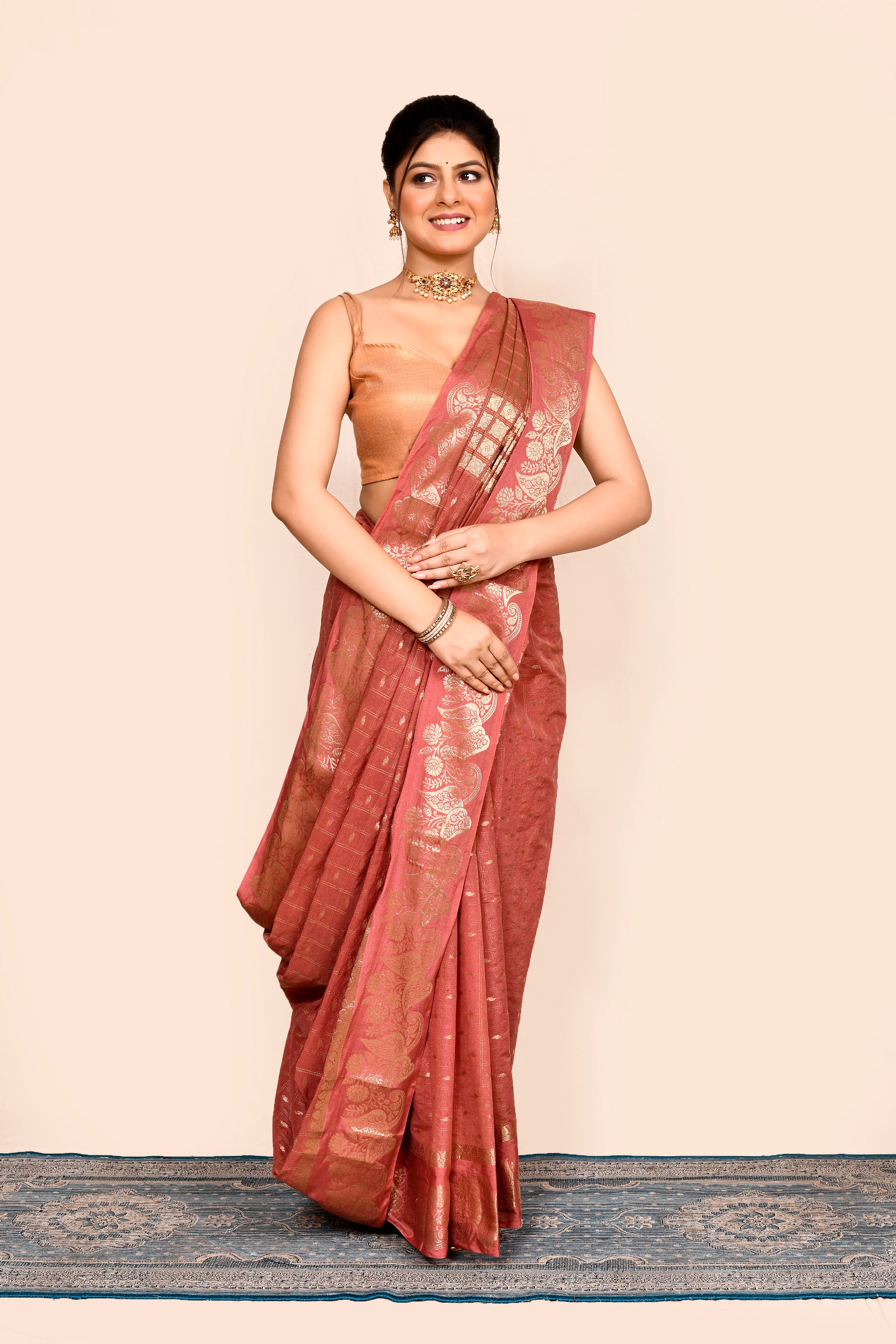 Peach Zari Woven Embroidered Art Silk Saree