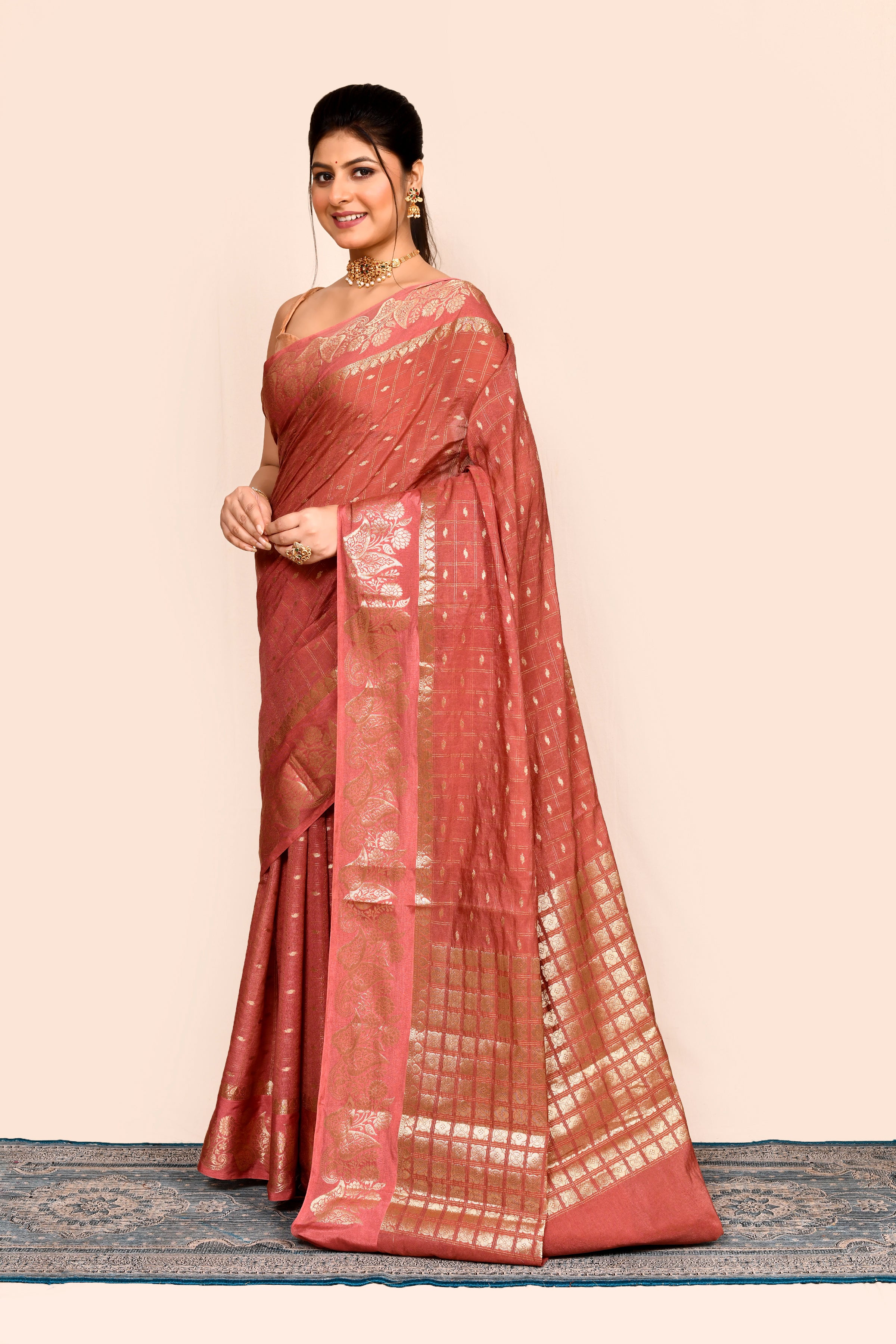 Peach Zari Woven Embroidered Art Silk Saree