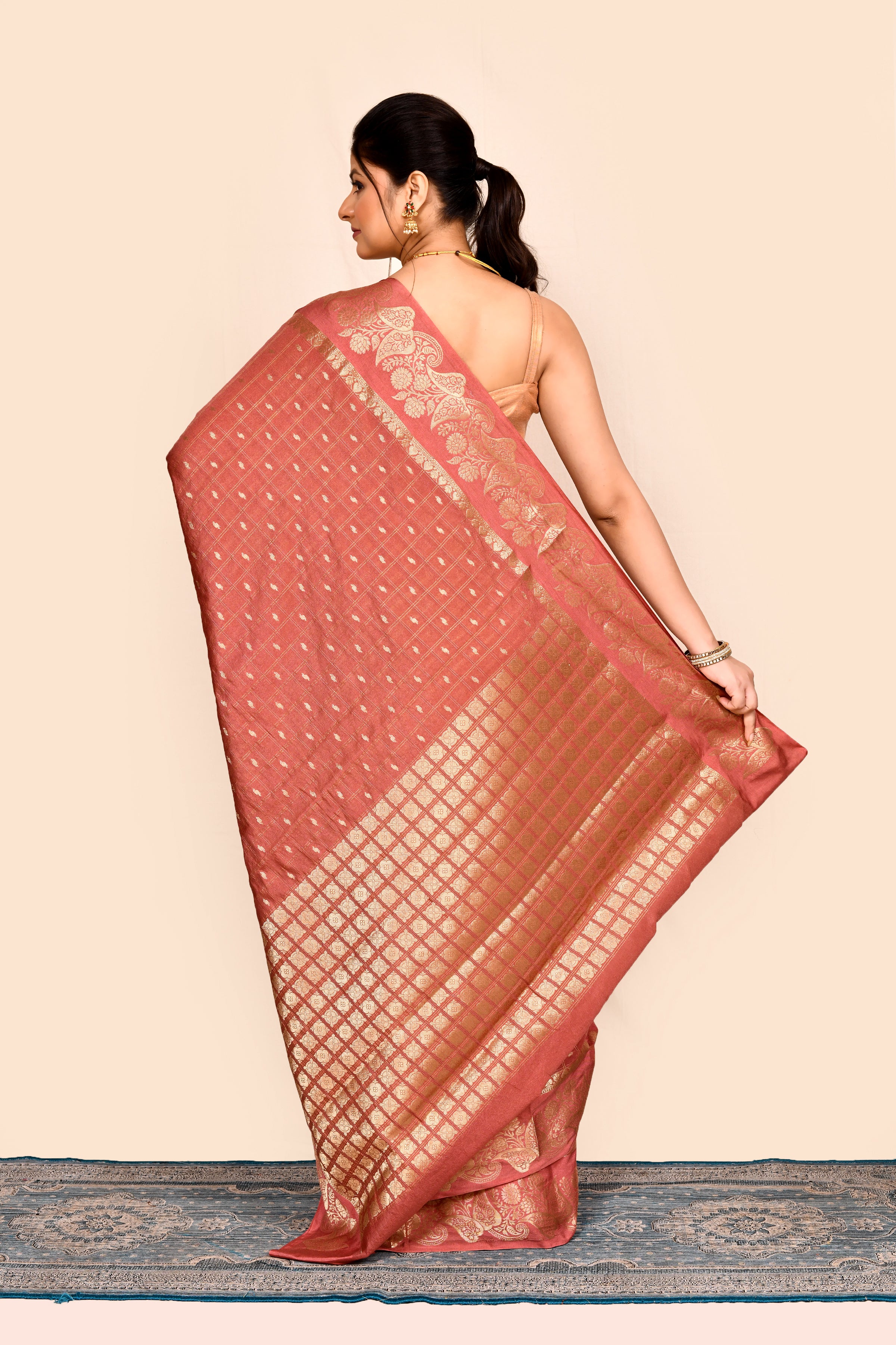 Peach Zari Woven Embroidered Art Silk Saree