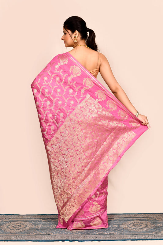 Pink Zari Woven Banarasi Silk Saree