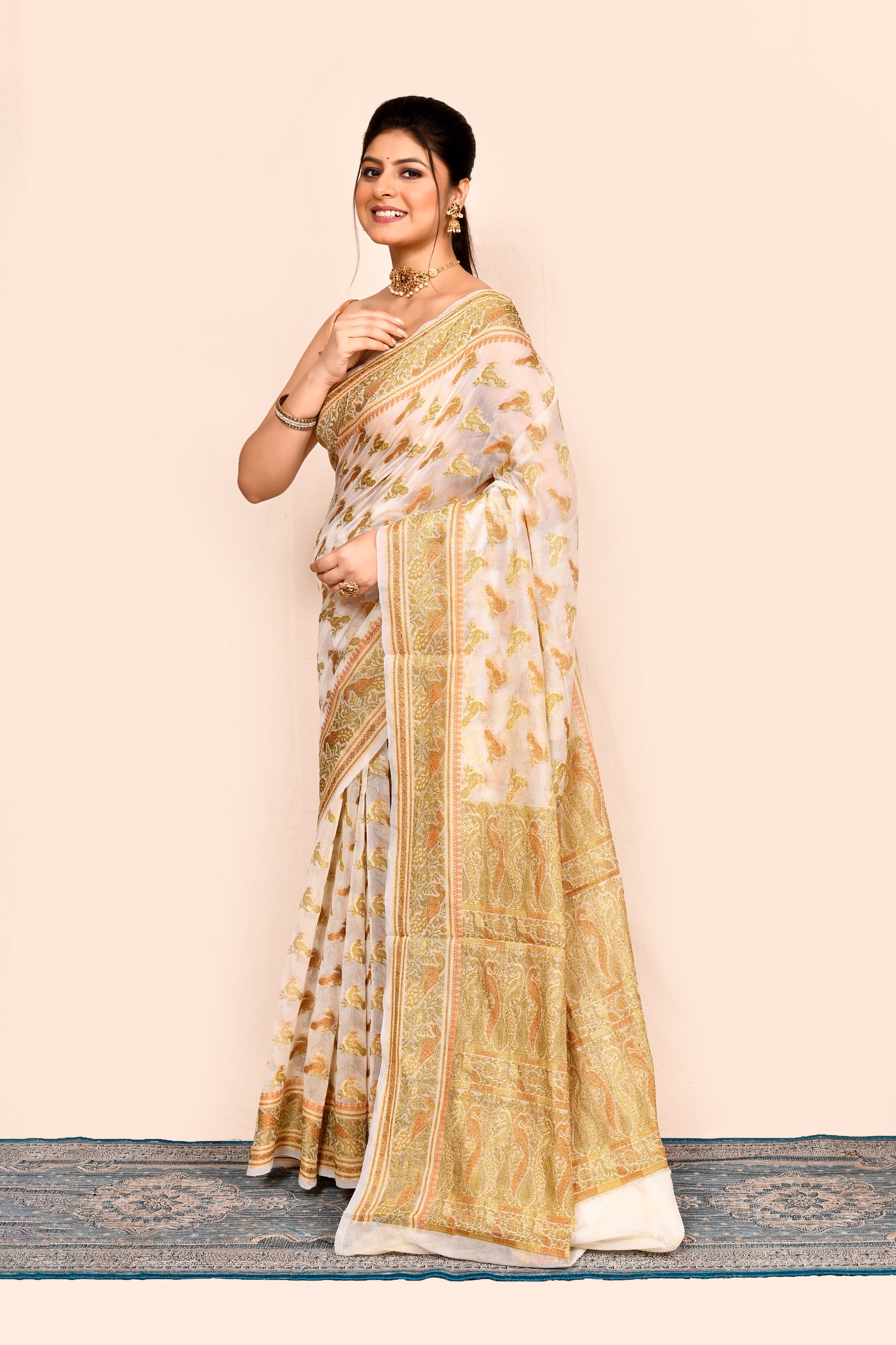 Off White  Zari Woven Embroidered Silk Saree