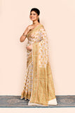 Off White  Zari Woven Embroidered Silk Saree