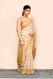 Off White  Zari Woven Embroidered Silk Saree